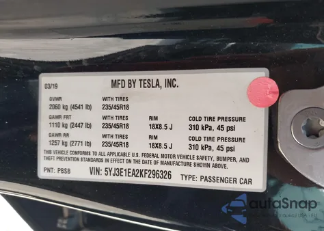2019 Tesla Model 3 Long Range/Mid Range/Standard Range/Standard Range Plus from USA, damaged, VIN 5YJ3E1EA2KF296326